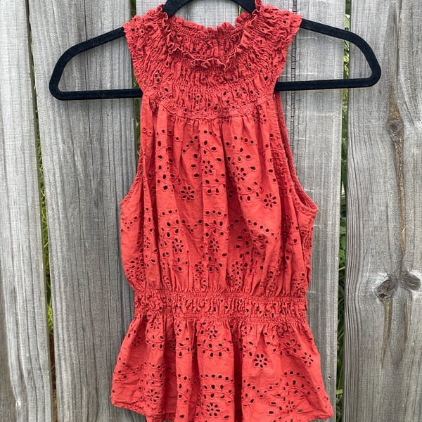 Marc New York Women's Prairie Core Red Eyelet Sleeveless Peplum Top Size S