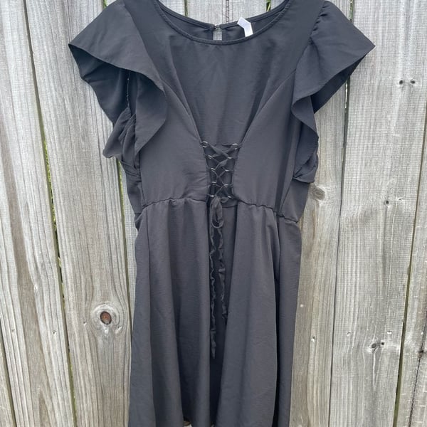 Black Trad Goth Alt Y2K Lace-Up Front Flutter Sleeve Dress Size M