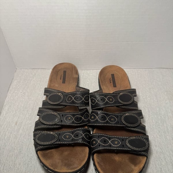 Collection by Clarks Black Leather Multi-Strap Slide Sandals
