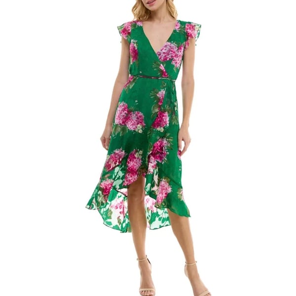 BCX Dress Women's Green Romantic Floral Ruffle Wrap High-Low Midi Dress Size Small