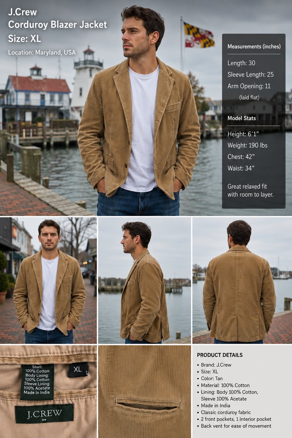 J.Crew Men’s XL Tan Corduroy Blazer Sport Coat Jacket Preppy Casual 9