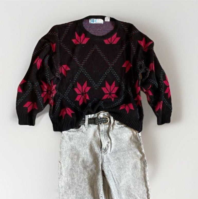 Vtg Gitano Sweater Womens M Navy & Pink Floral Geometric 80s 90s Cropped Knit 4