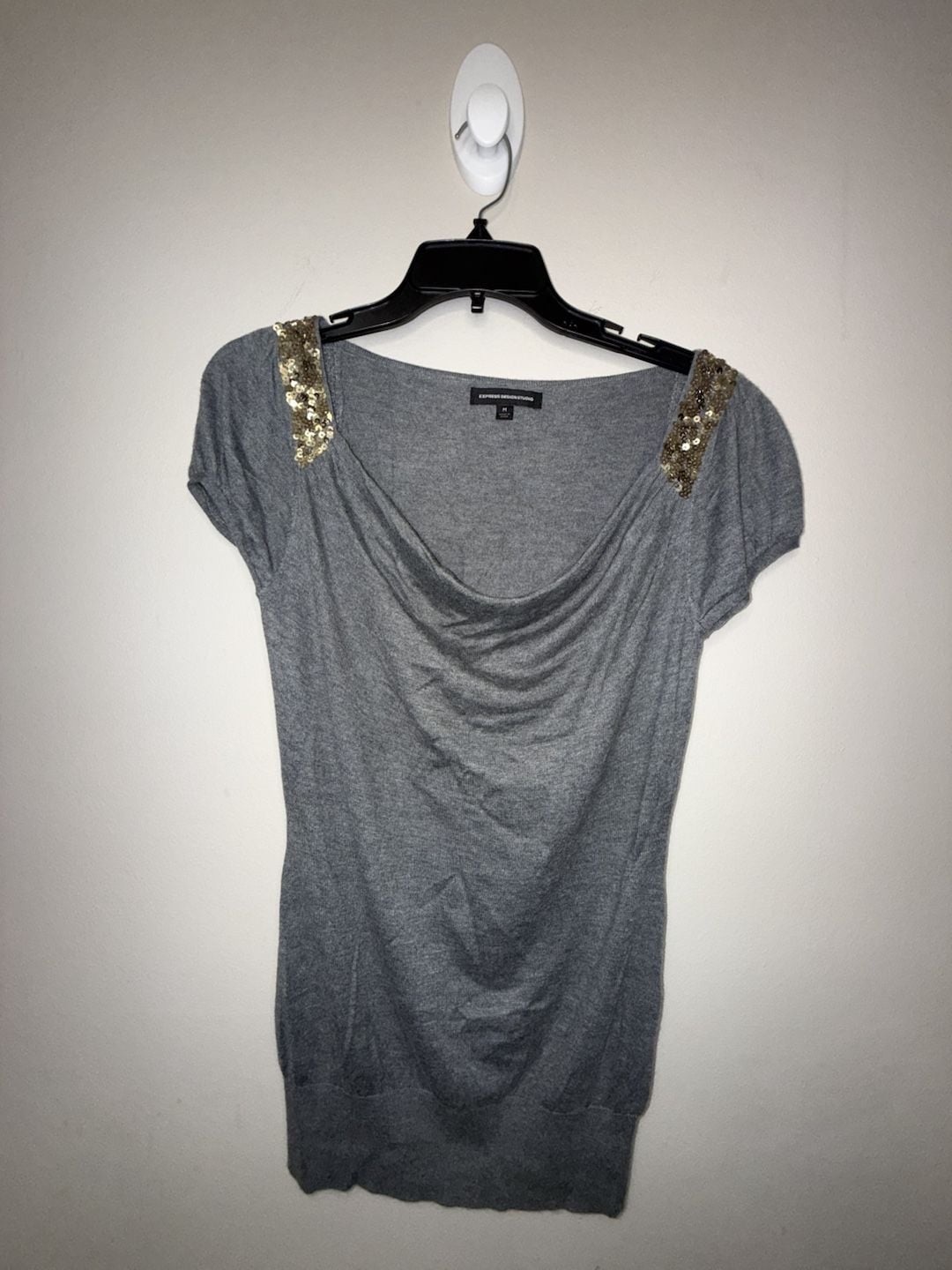 Express Design Studio Gray Sequin Shoulder Cowl Neck Sweater Size M 2