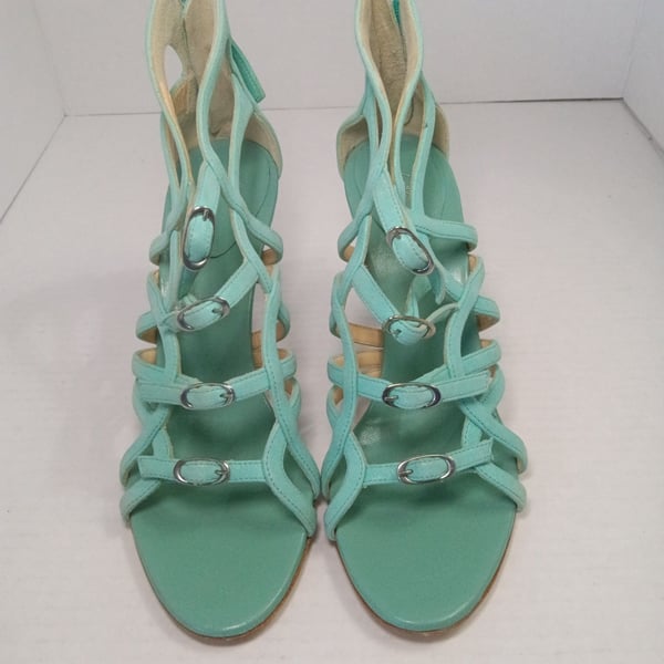 Giuseppe Zanotti Turquoise Suede Strappy Buckle Heels Size 37 Italian and size 7 USA