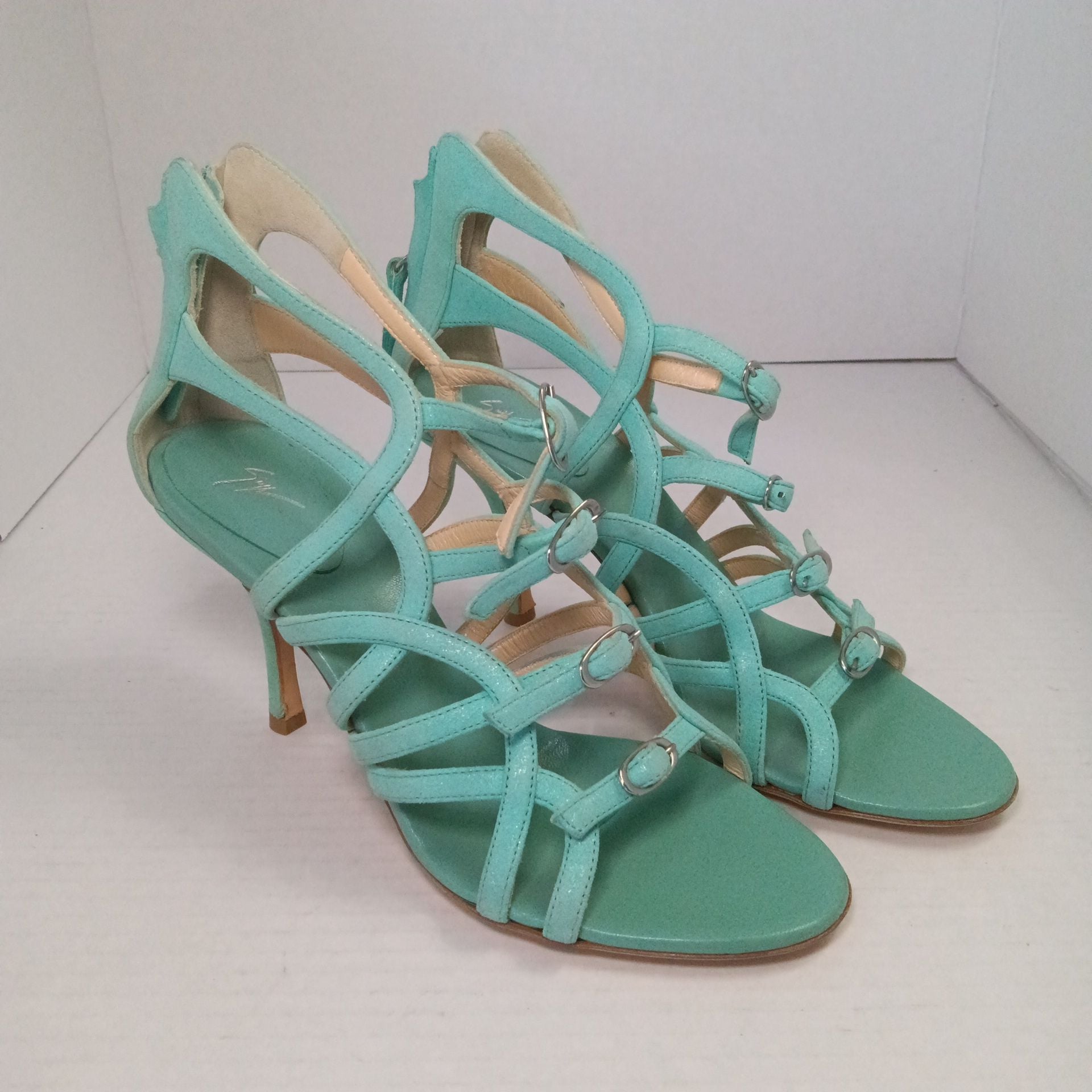 Giuseppe Zanotti Turquoise Suede Strappy Buckle Heels Size 37 Italian and size 7 USA 3