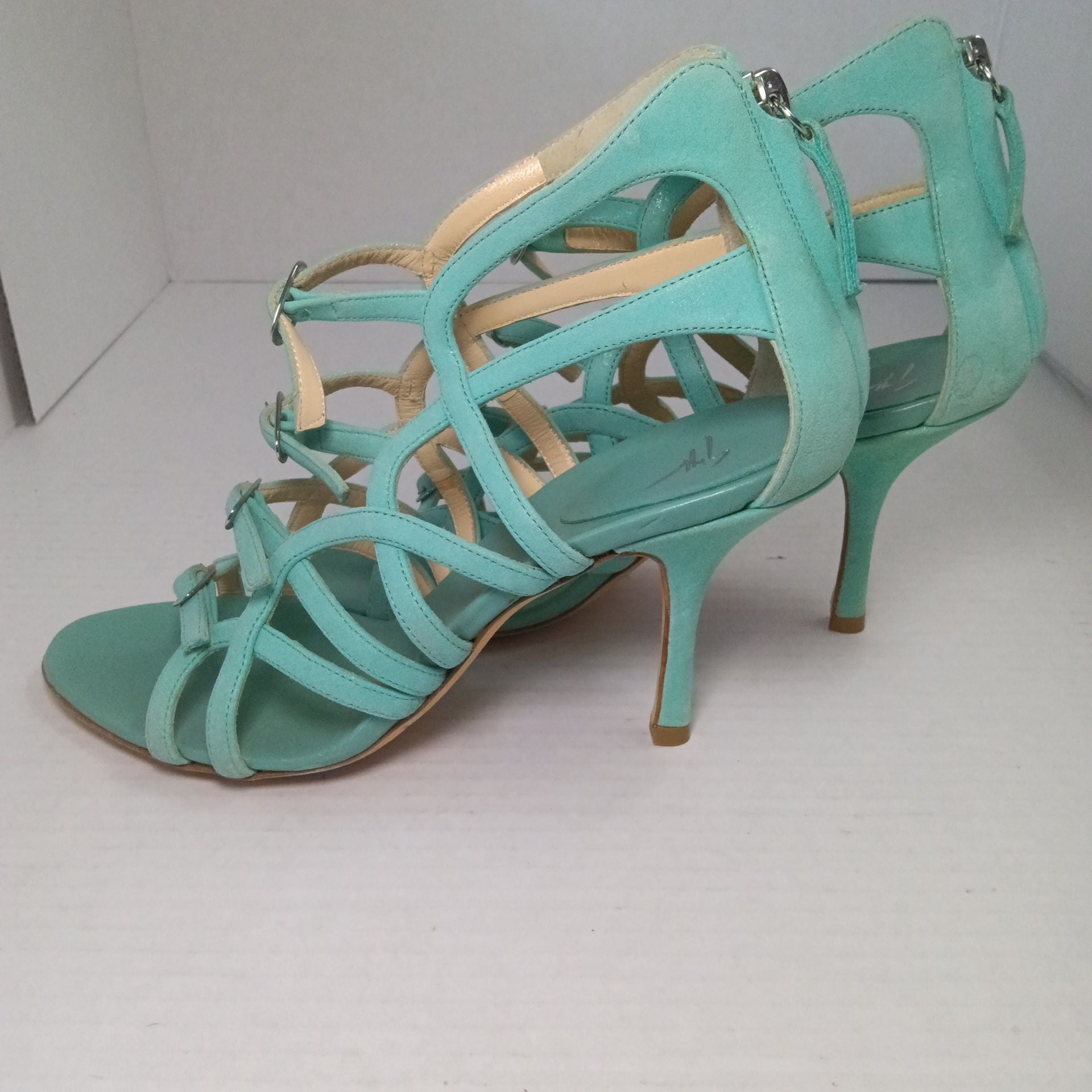 Giuseppe Zanotti Turquoise Suede Strappy Buckle Heels Size 37 Italian and size 7 USA 6