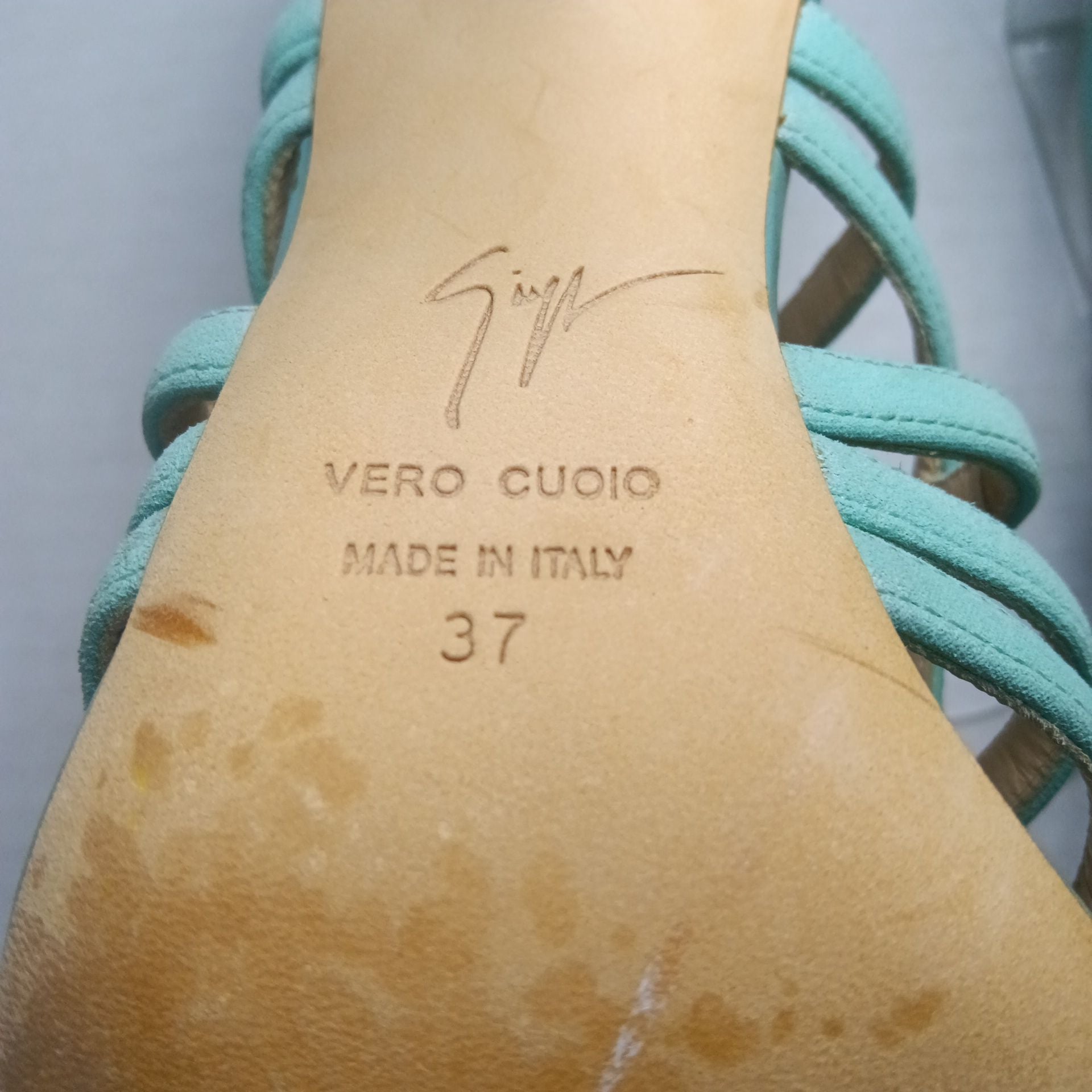 Giuseppe Zanotti Turquoise Suede Strappy Buckle Heels Size 37 Italian and size 7 USA 10