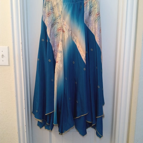 Vintage Paisley Ombre Maxi Skirt Blue Gold Elastic Waist