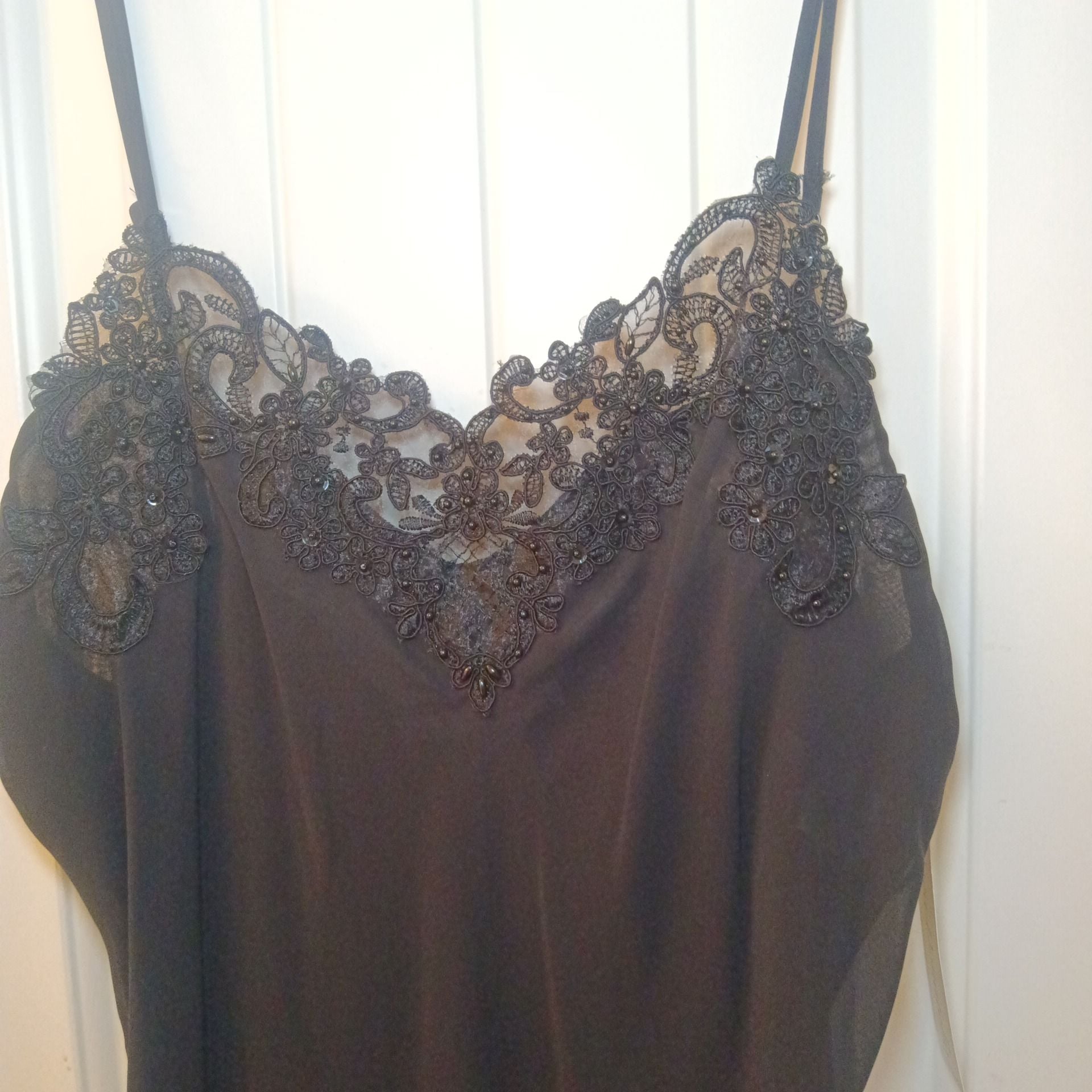 California Dynasty Black Beaded Lace Robe and Chemise Set Size M 7