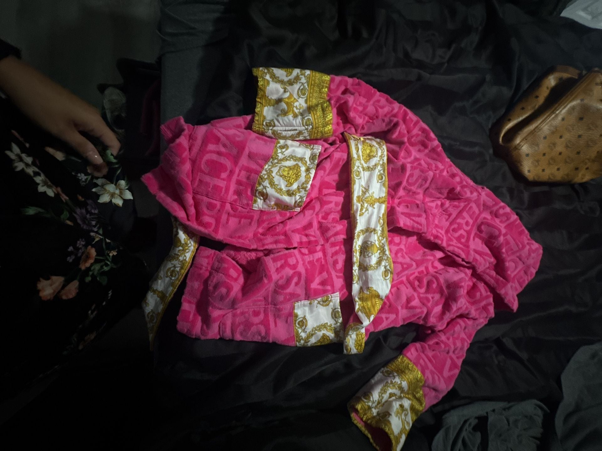 Versace Pink Logo Embossed Terry Cloth Bathrobe 1