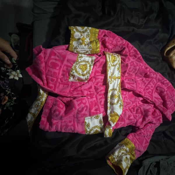 Versace Pink Logo Embossed Terry Cloth Bathrobe