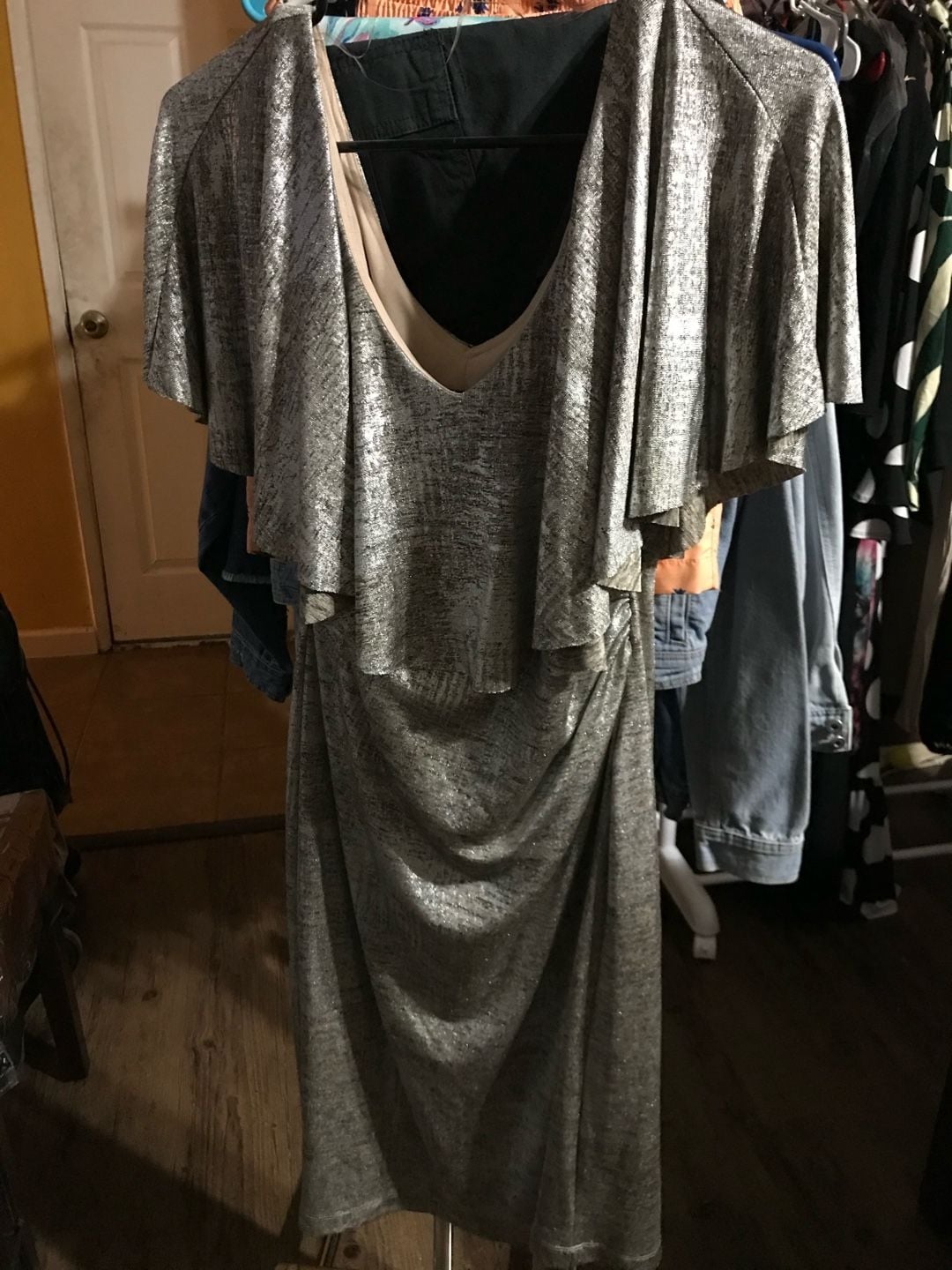 Connected Apparel Metallic Silver Ruffle Overlay Sheath Dress Size 10 3