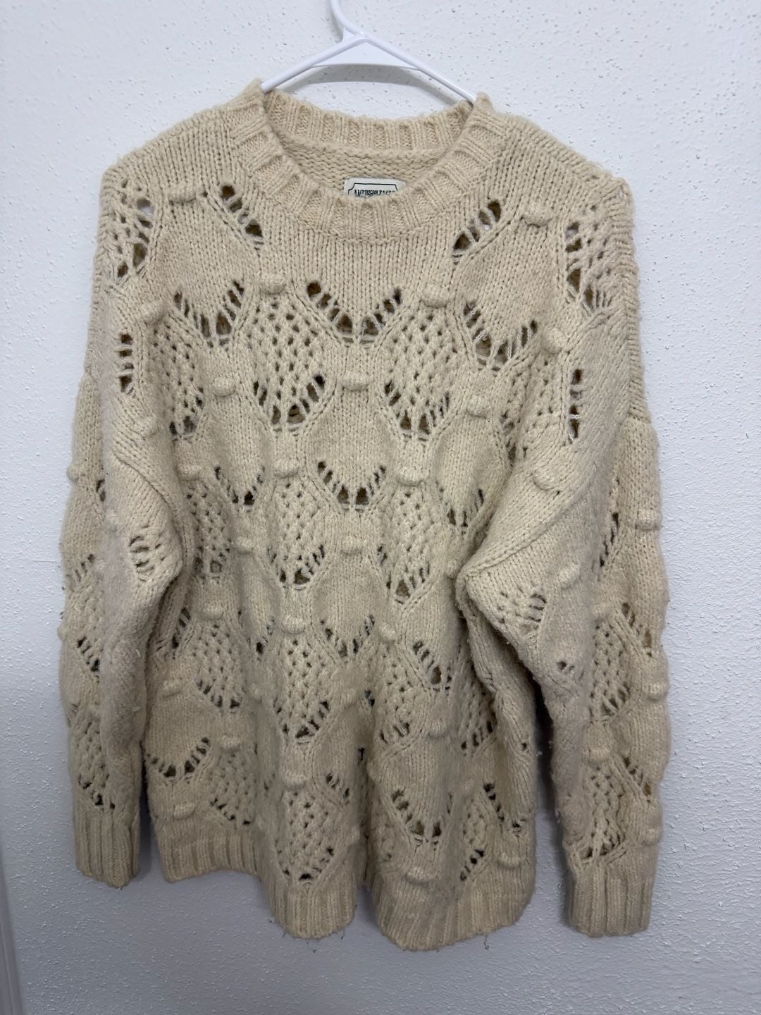 American Eagle Cream Pointelle Bobble Knit Sweater Size S 2