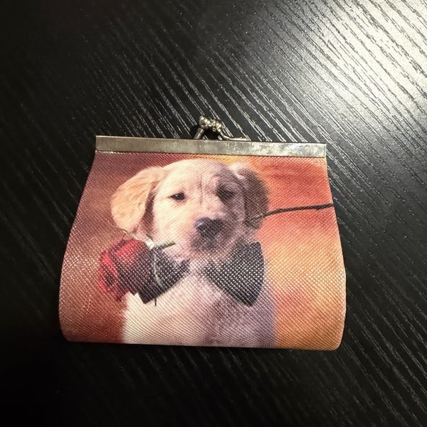 Vintage Golden Retriever Puppy with Rose Squeeze Coin Purse