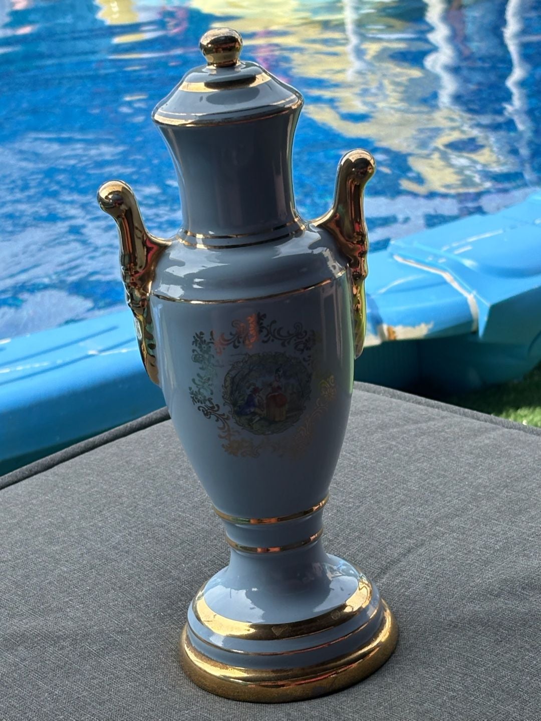 Vintage Porcelain Courting Couple Urn Vase with Gold Trim 1