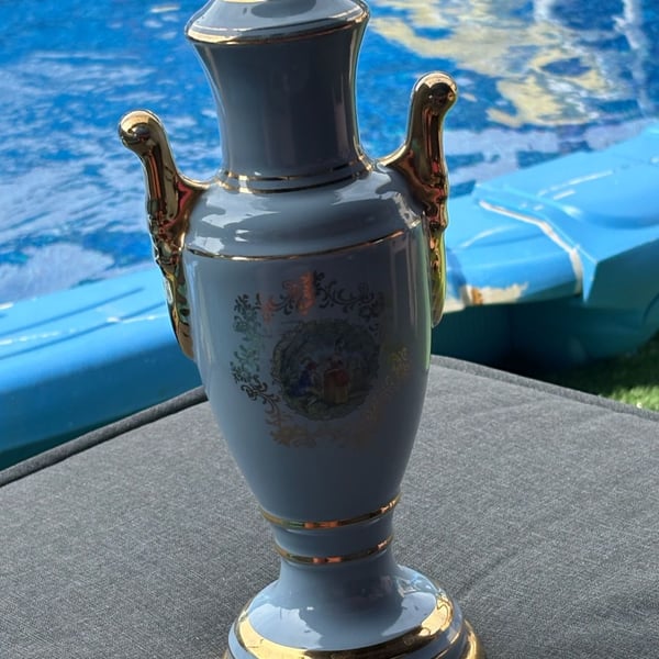 Vintage Porcelain Courting Couple Urn Vase with Gold Trim