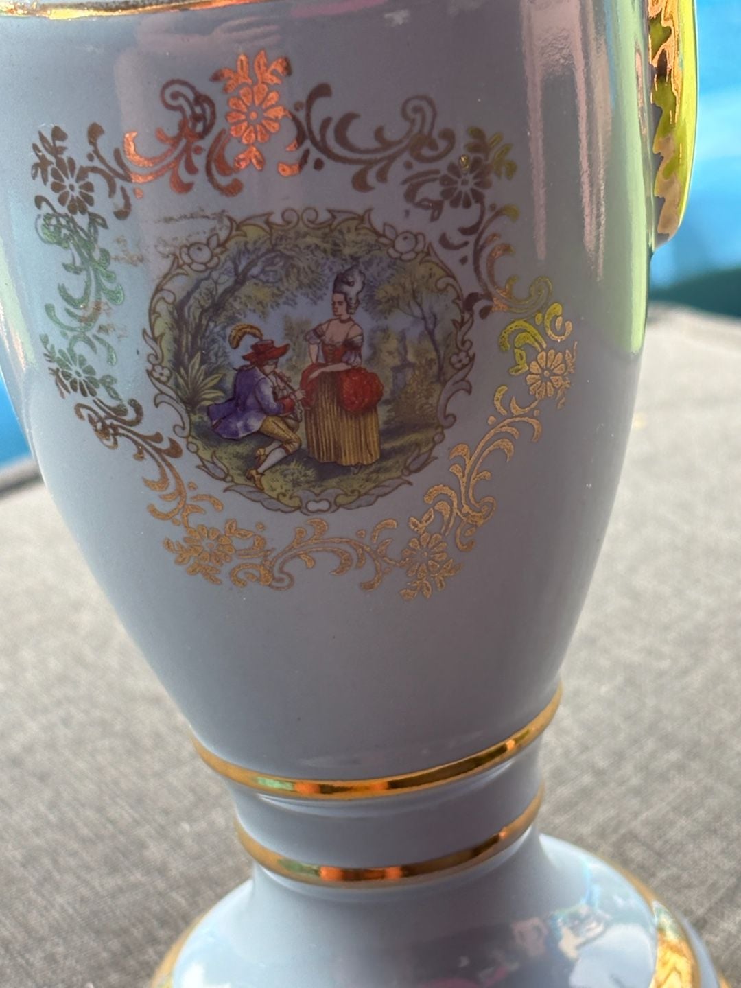Vintage Porcelain Courting Couple Urn Vase with Gold Trim 2