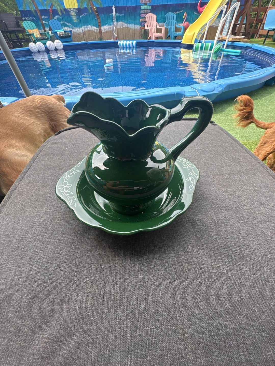 Vintage Forest Green Ceramic Pitcher and Underplate Set 1