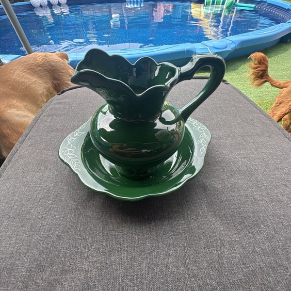 Vintage Forest Green Ceramic Pitcher and Underplate Set