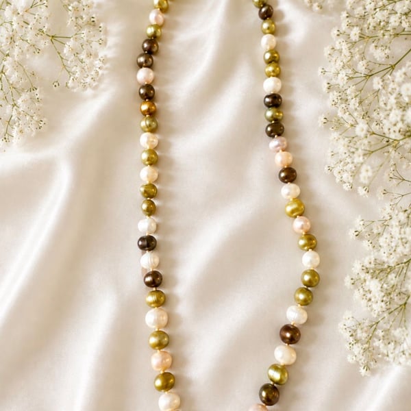 Cultured Freshwater Pearl Necklace Multicolor Green White Bronze 18”
