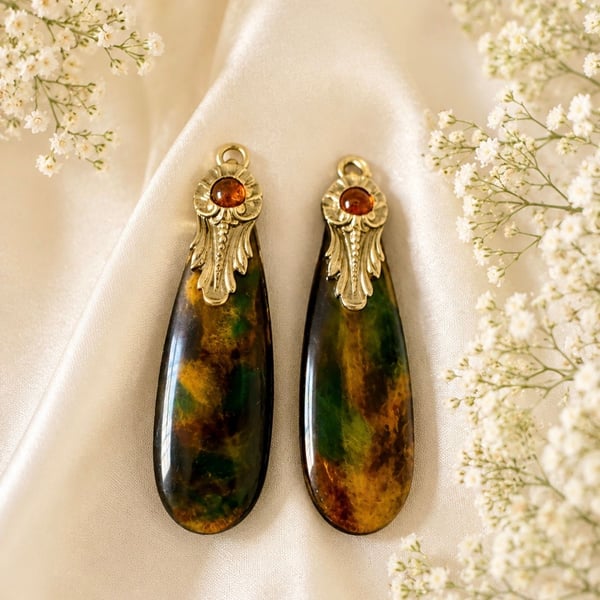 Vintage Natural Agate Stone Drops Green Amber Plume Pattern Jewelry Components
