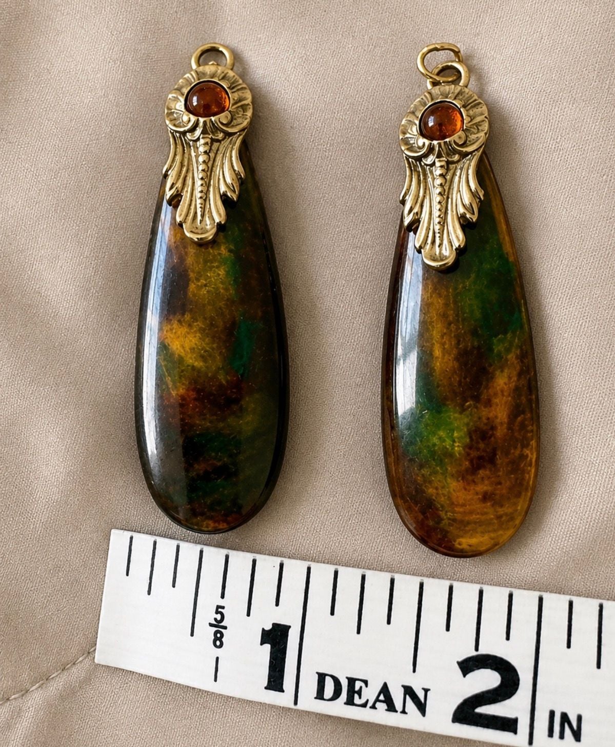Vintage Natural Agate Stone Drops Green Amber Plume Pattern Jewelry Components 7