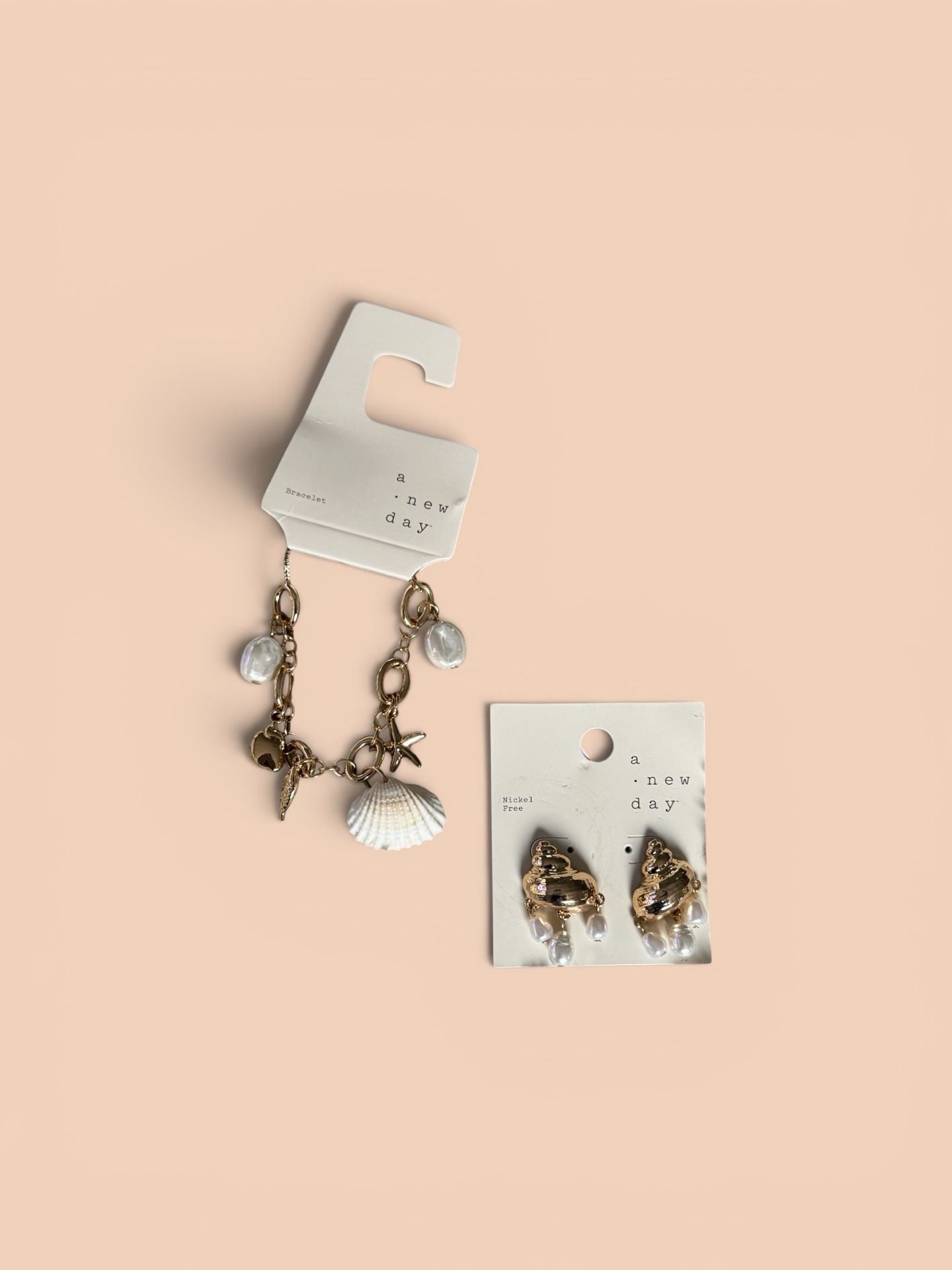 A New Day Gold Tone Seashell and Faux Pearl Bracelet and Earring Set 2