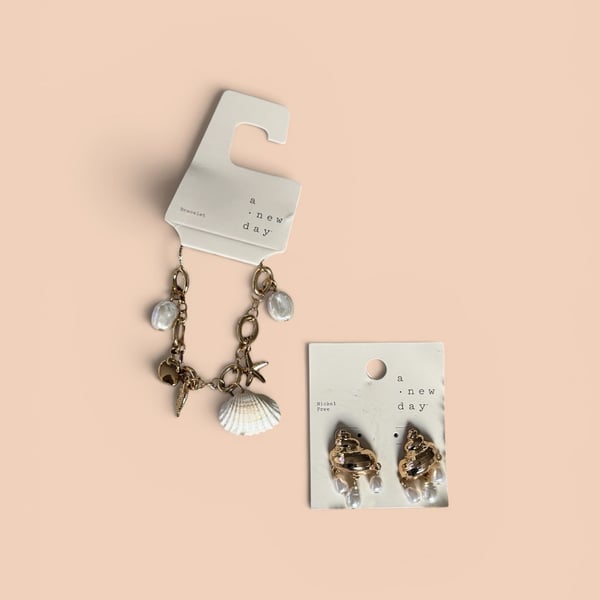 A New Day Gold Tone Seashell and Faux Pearl Bracelet and Earring Set