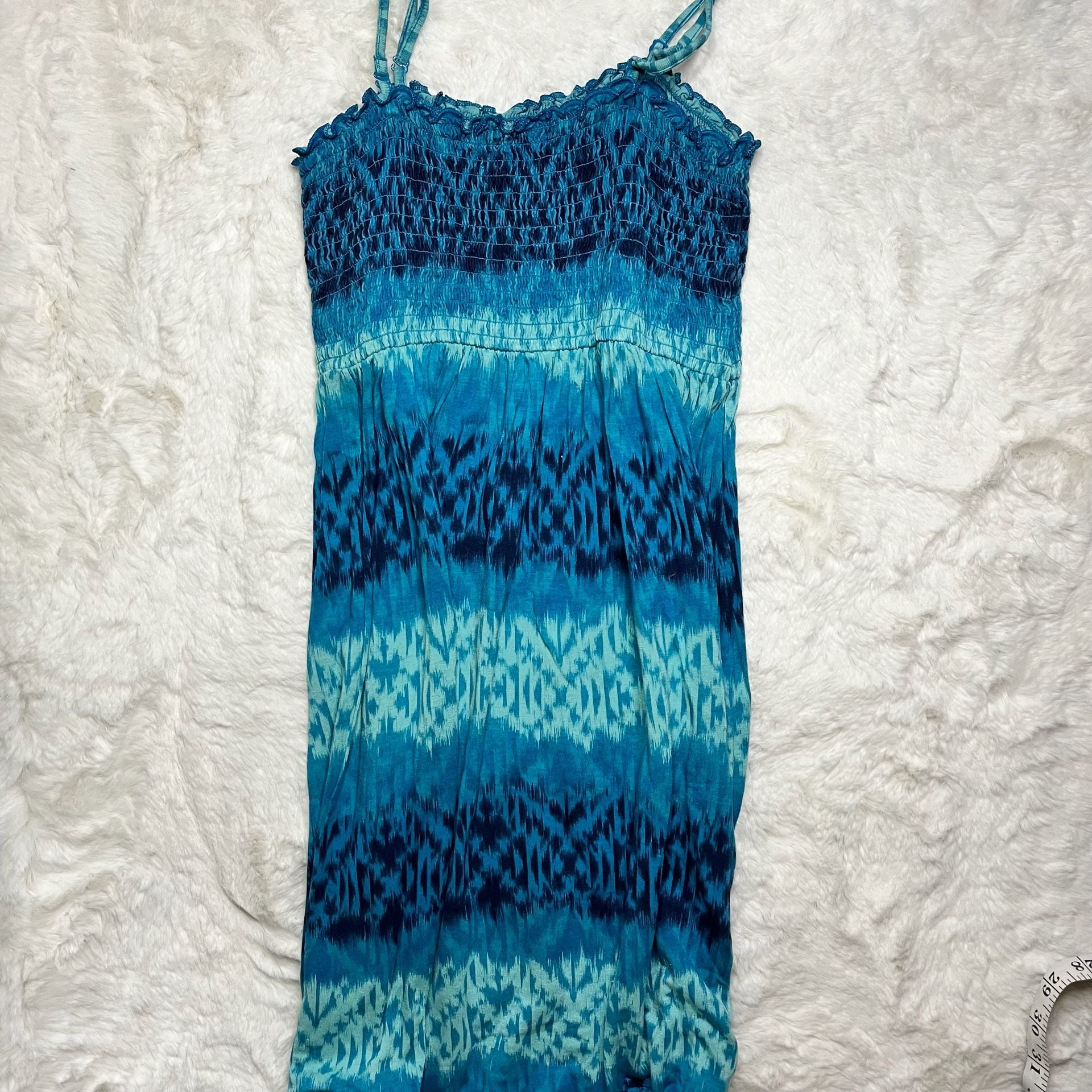 Mudd Blue Ikat Print Smocked Spaghetti Strap Dress Size L 6