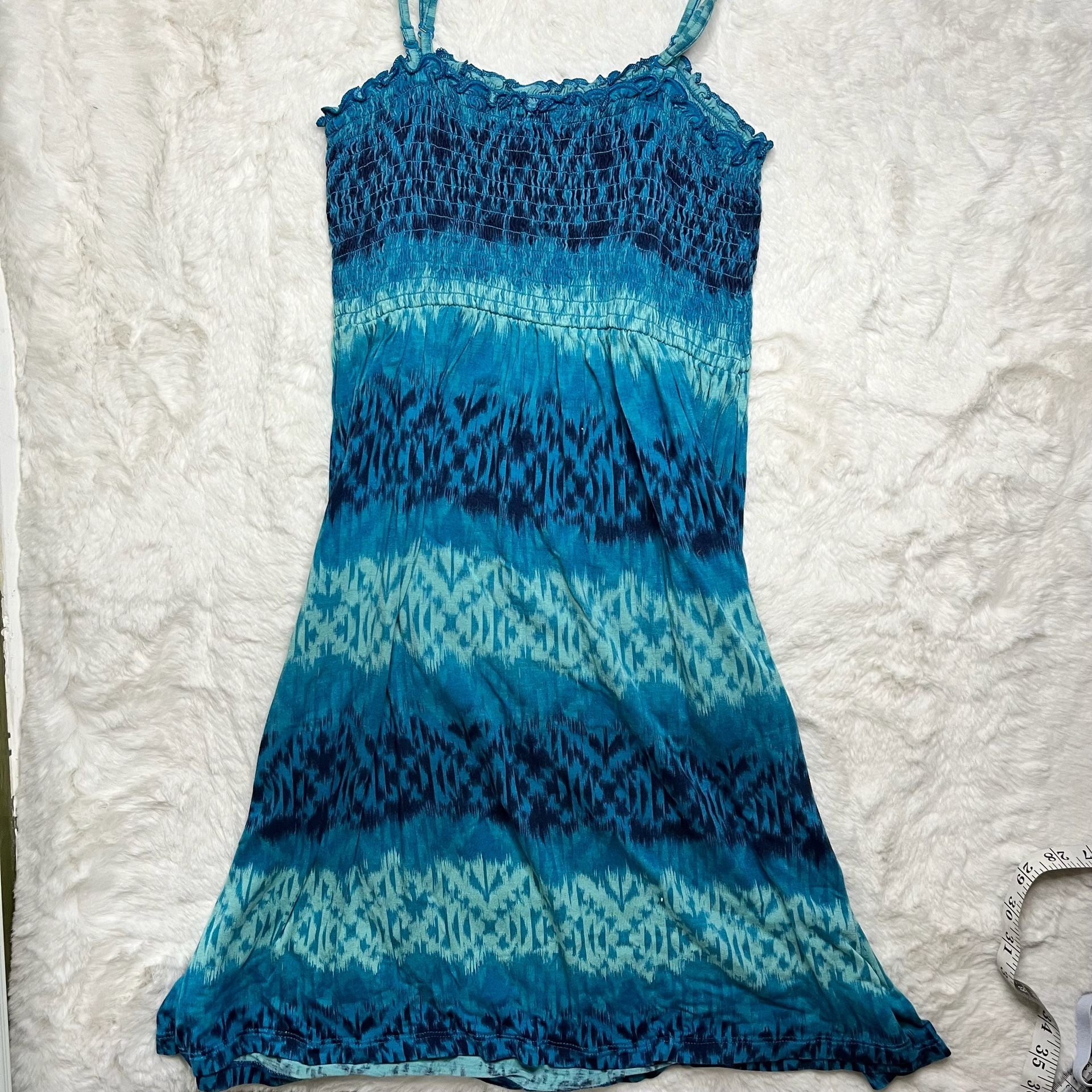 Mudd Blue Ikat Print Smocked Spaghetti Strap Dress Size L 4