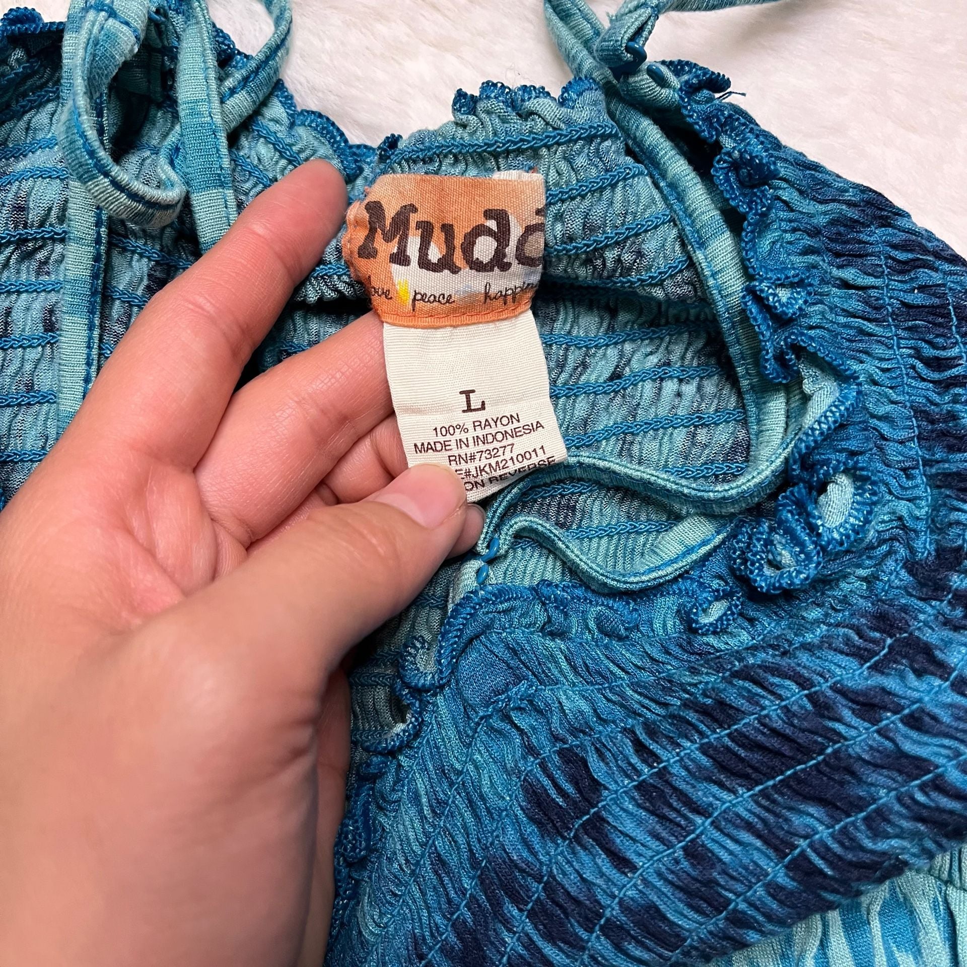 Mudd Blue Ikat Print Smocked Spaghetti Strap Dress Size L 5