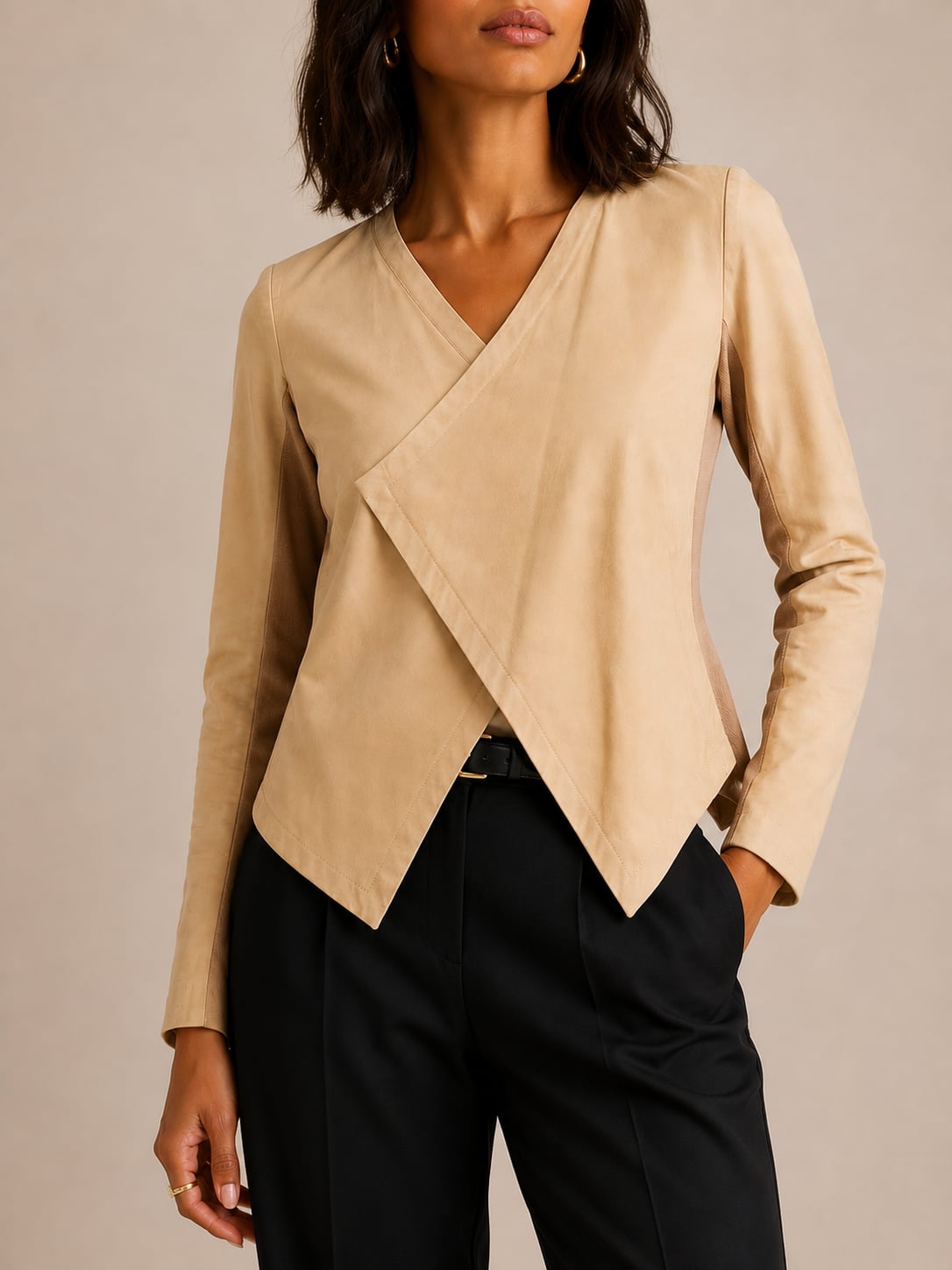 Halogen Women's Beige Leather Wrap Jacket, Size M 2