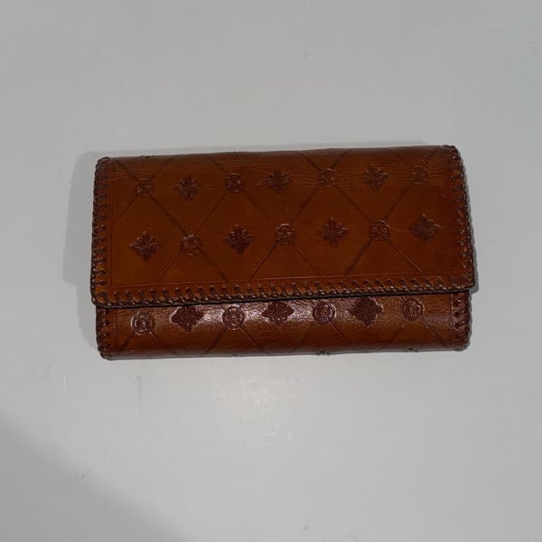 Vintage Tooled Leather Tri-Fold Wallet Brown Floral Diamond Pattern