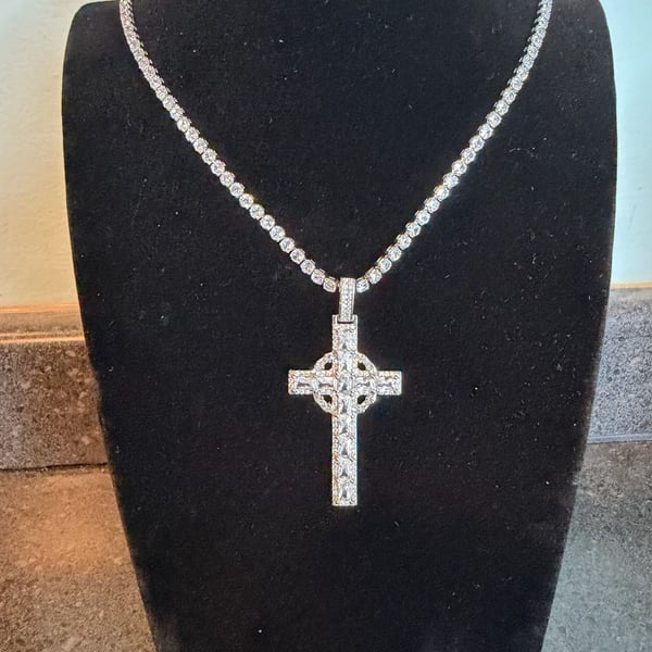 Sterling Silver S925 Celtic Cross Pendant with VVS1 CZ Tennis Chain Necklace