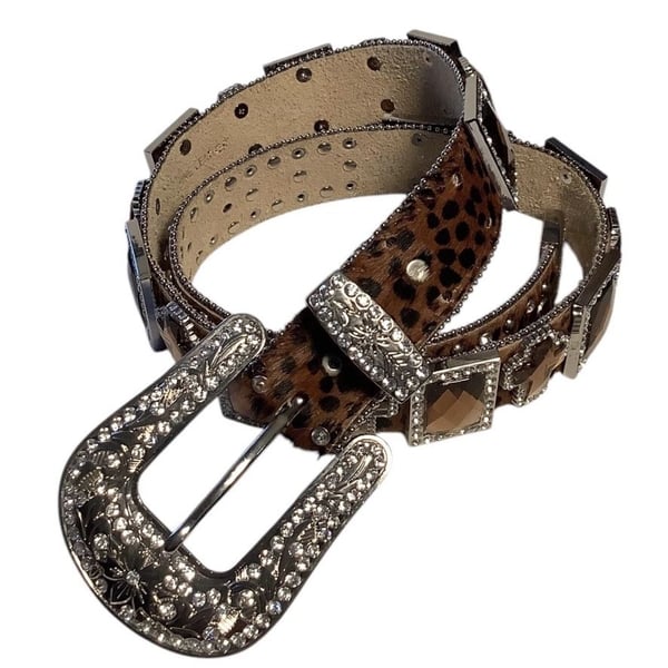 Nocona Western Women's Belt Leopard Leather Rhinestone Crosses Bling N34L7402-M