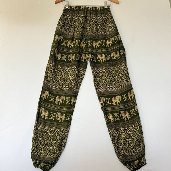The Elephant Temple Boho Elephant Print Green Harem Pants