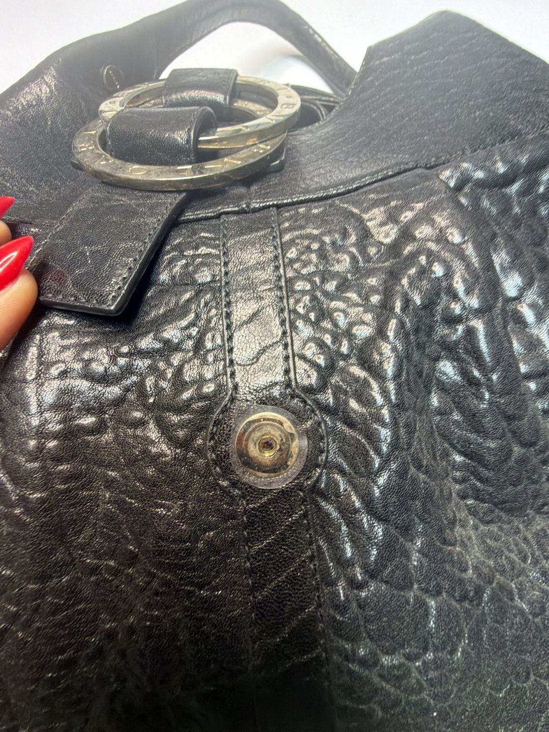 Bvlgari Black Textured Leather Shoulder Bag with Logo Ring Hardware 2