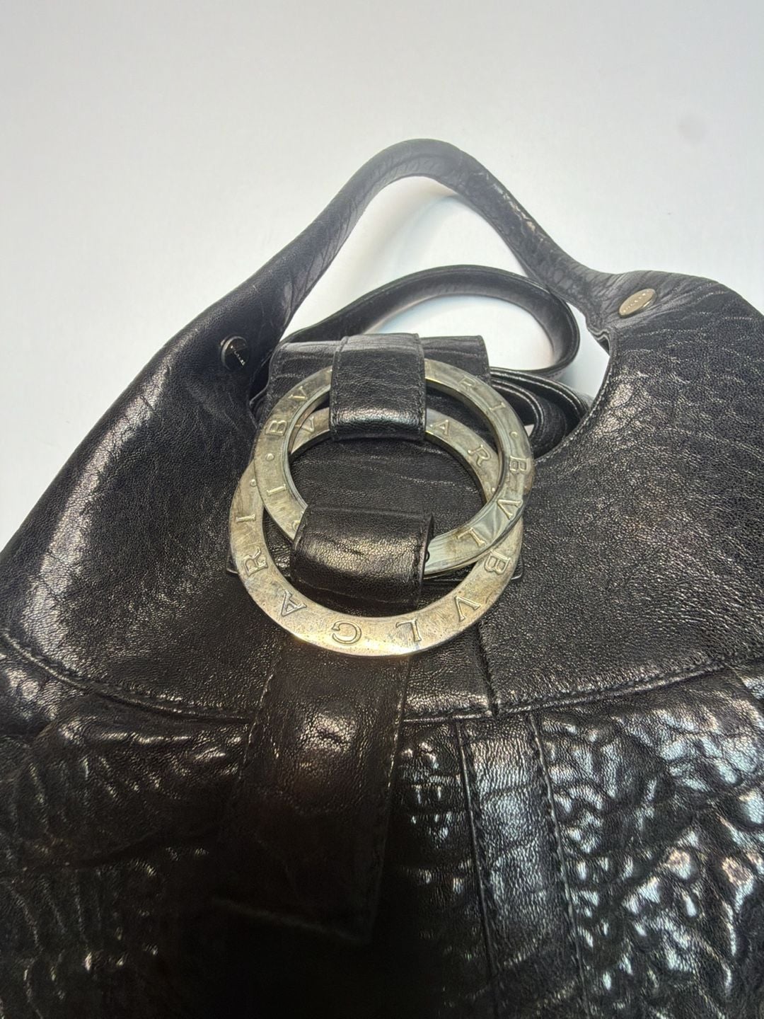 Bvlgari Black Textured Leather Shoulder Bag with Logo Ring Hardware 3