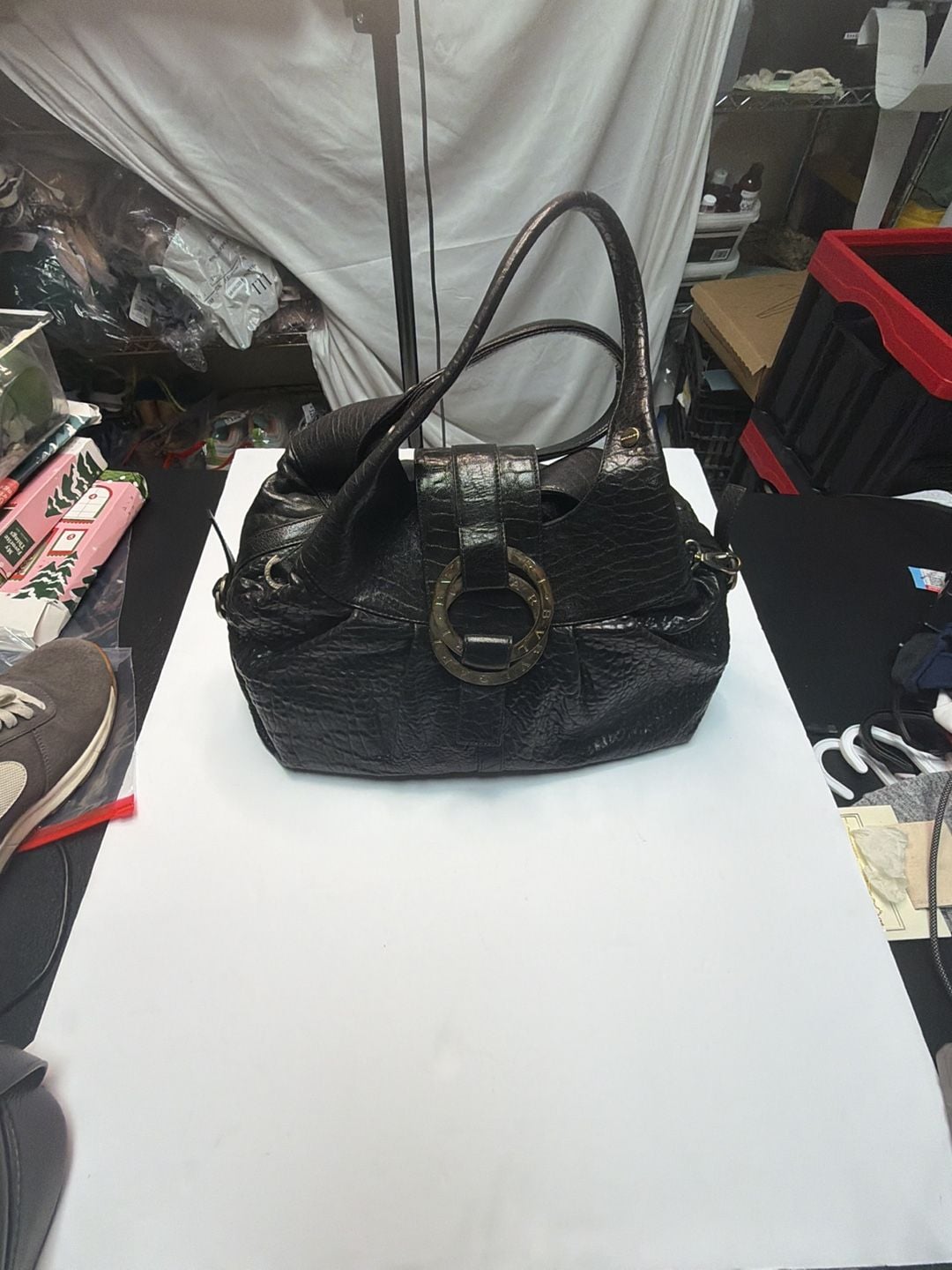 Bvlgari Black Textured Leather Shoulder Bag with Logo Ring Hardware 4
