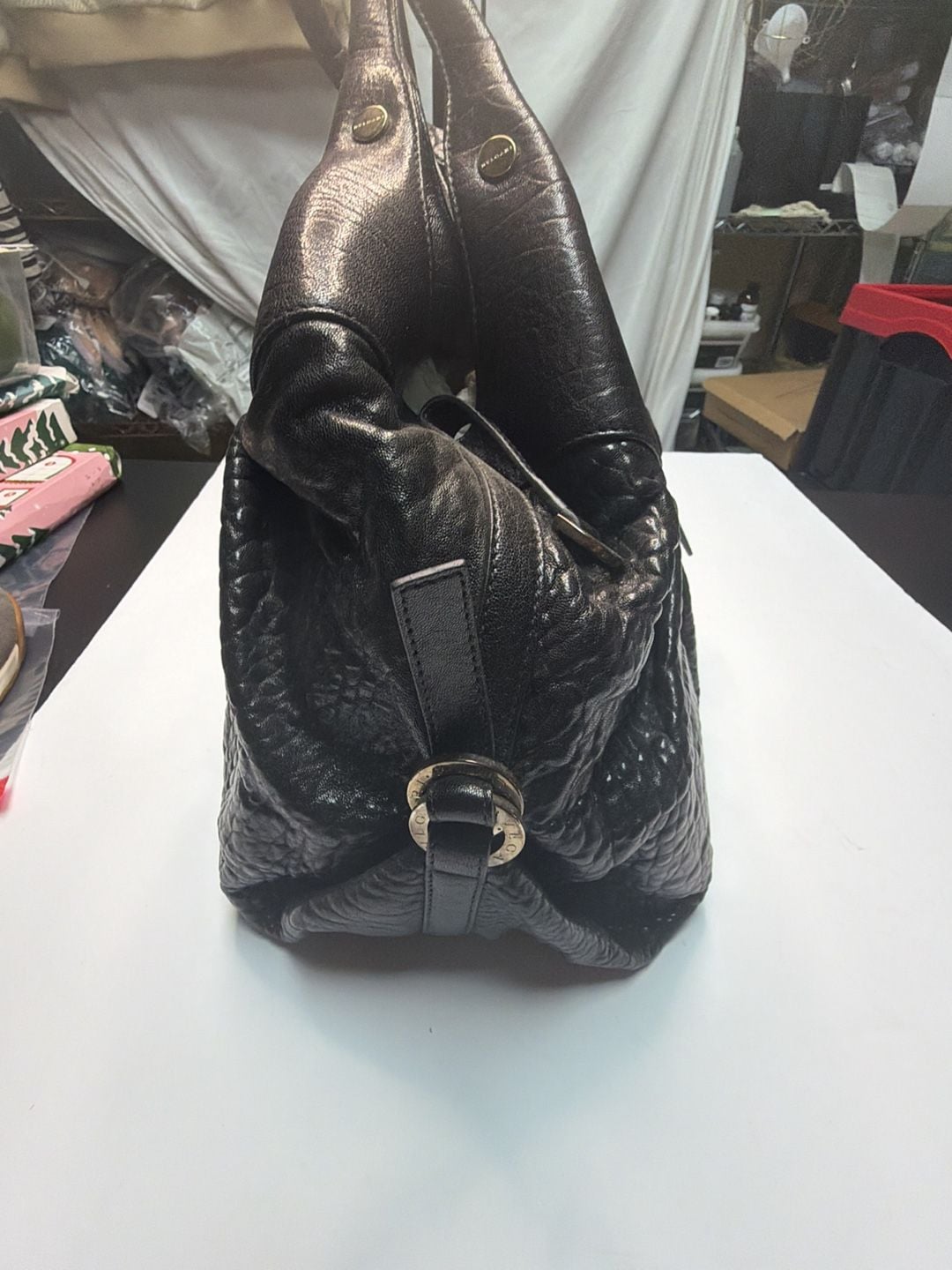 Bvlgari Black Textured Leather Shoulder Bag with Logo Ring Hardware 5