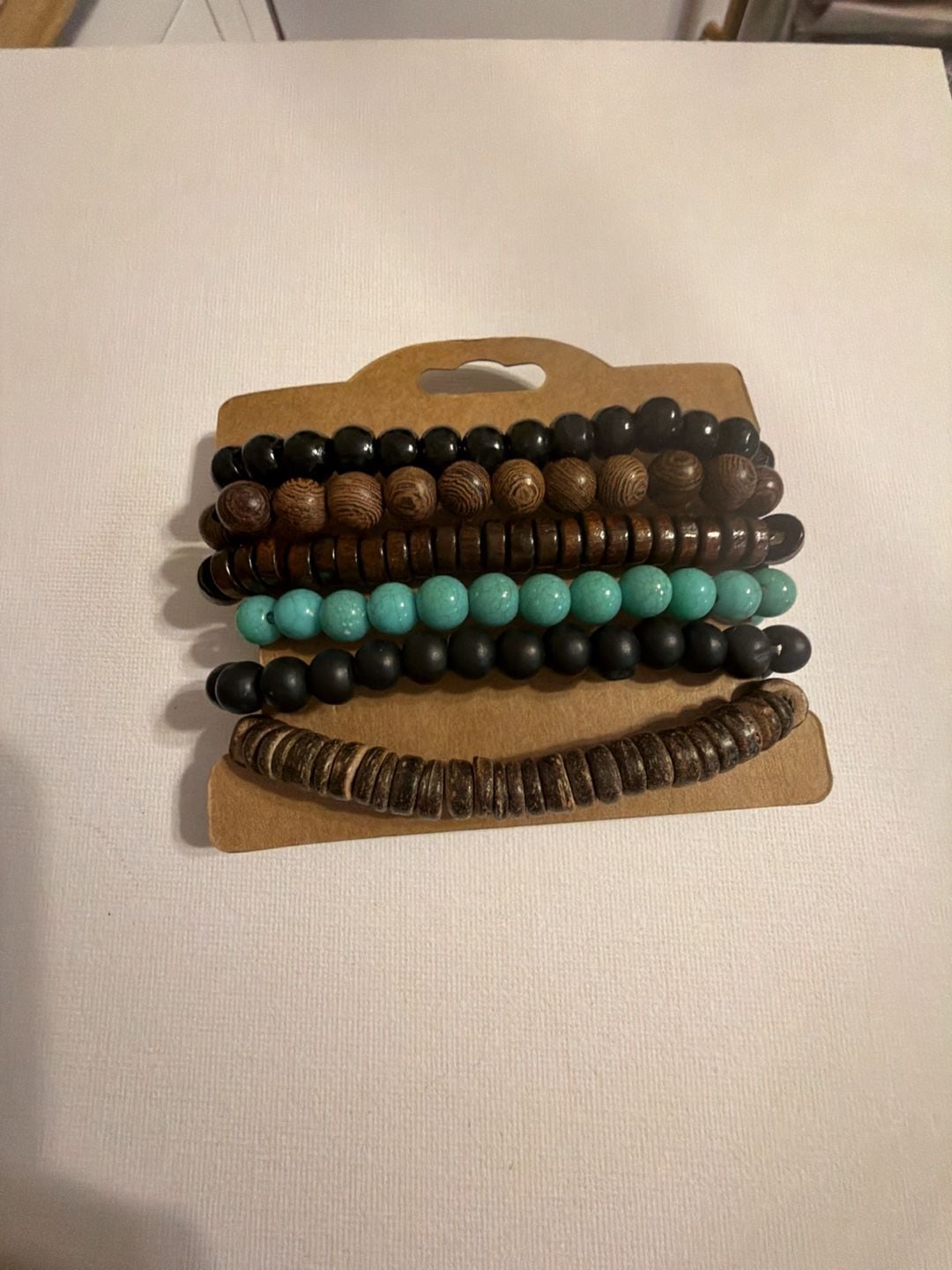 Set of 6 Stackable Beaded Unisex Bracelets with Wood and Turquoise-Style Beads 2