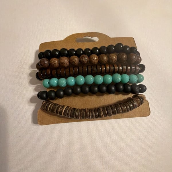 Set of 6 Stackable Beaded Unisex Bracelets with Wood and Turquoise-Style Beads