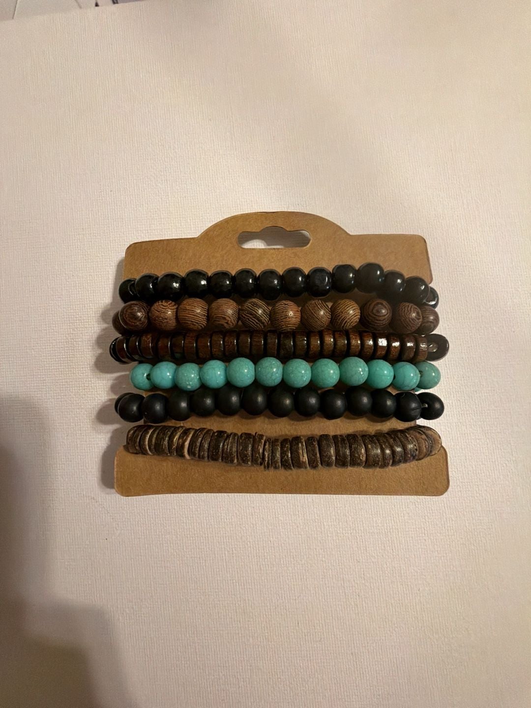 Set of 6 Stackable Beaded Unisex Bracelets with Wood and Turquoise-Style Beads 3