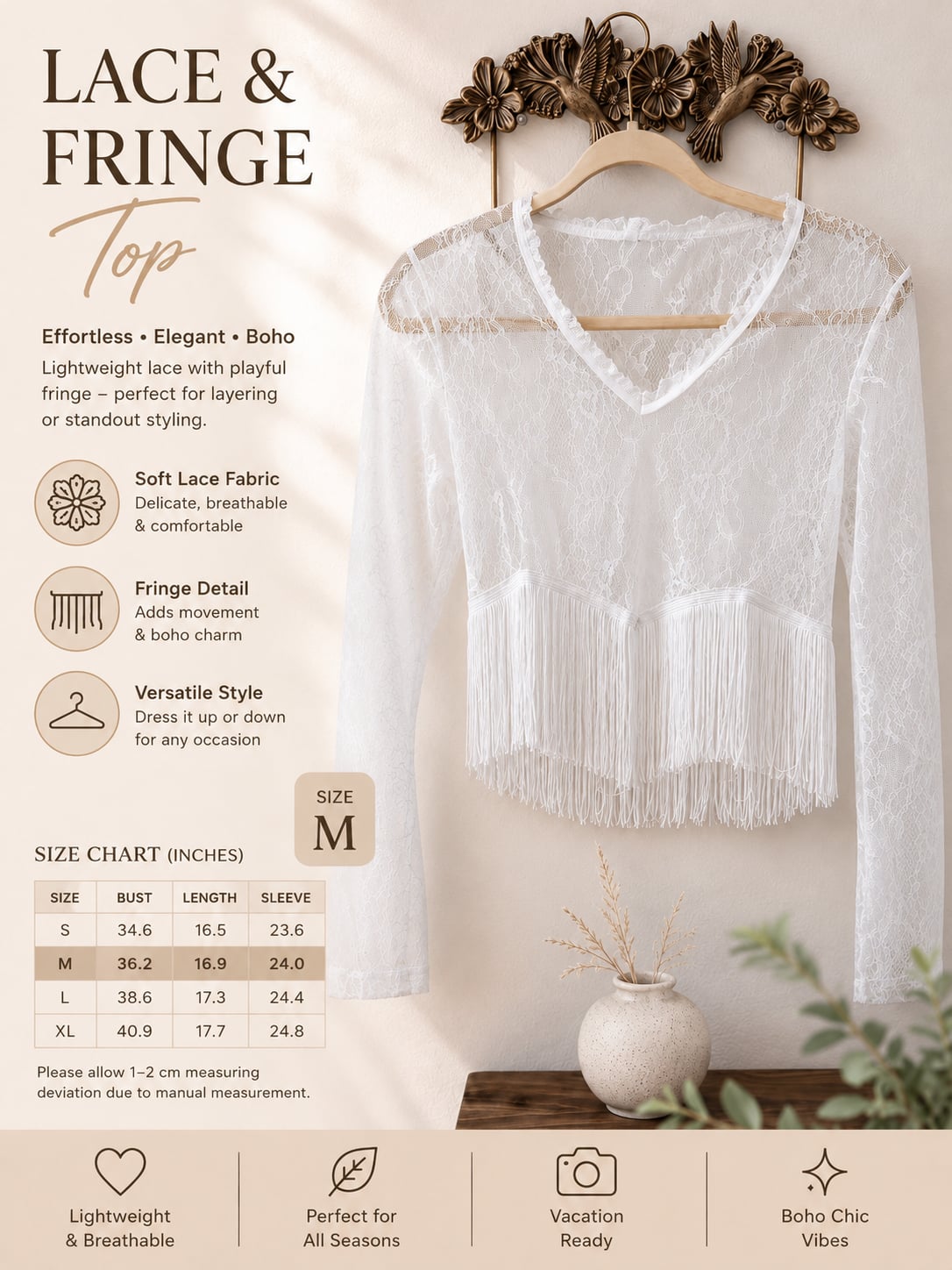 Cowgirl Boho Lace & Fringe Long Sleeve Top White Size M 2
