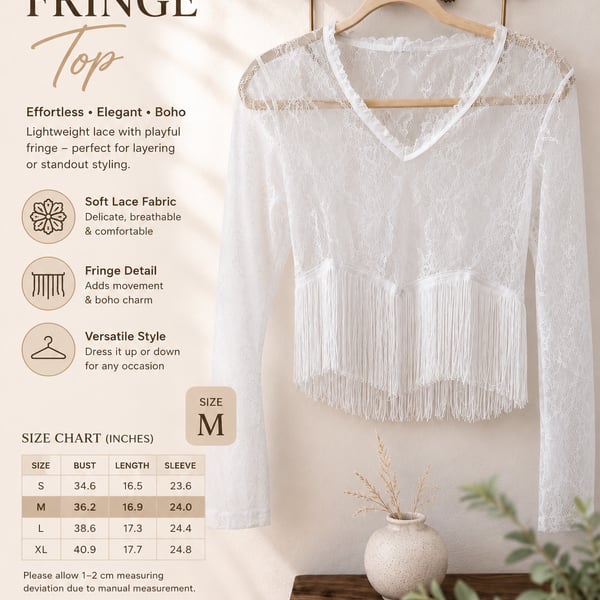 Cowgirl Boho Lace & Fringe Long Sleeve Top White Size M