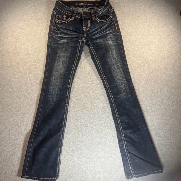 Wishful Park Bella Bootcut Jeans Waist Size 1 Low Rise Distressed Blue Jeans 