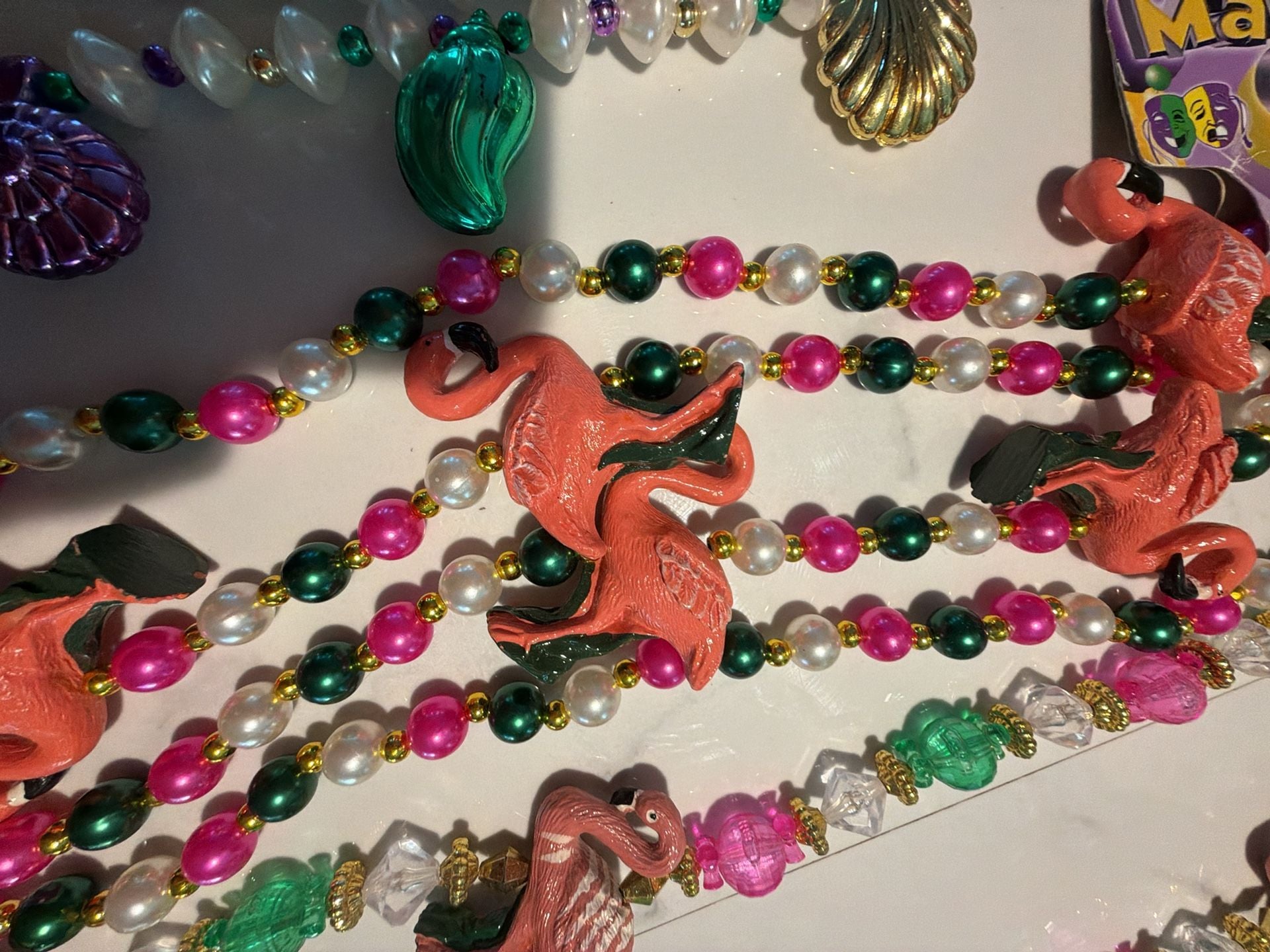 Lot of 4 beautiful Mardi Gras Flamingo and Seashell Beaded Necklaces parade partycore 3