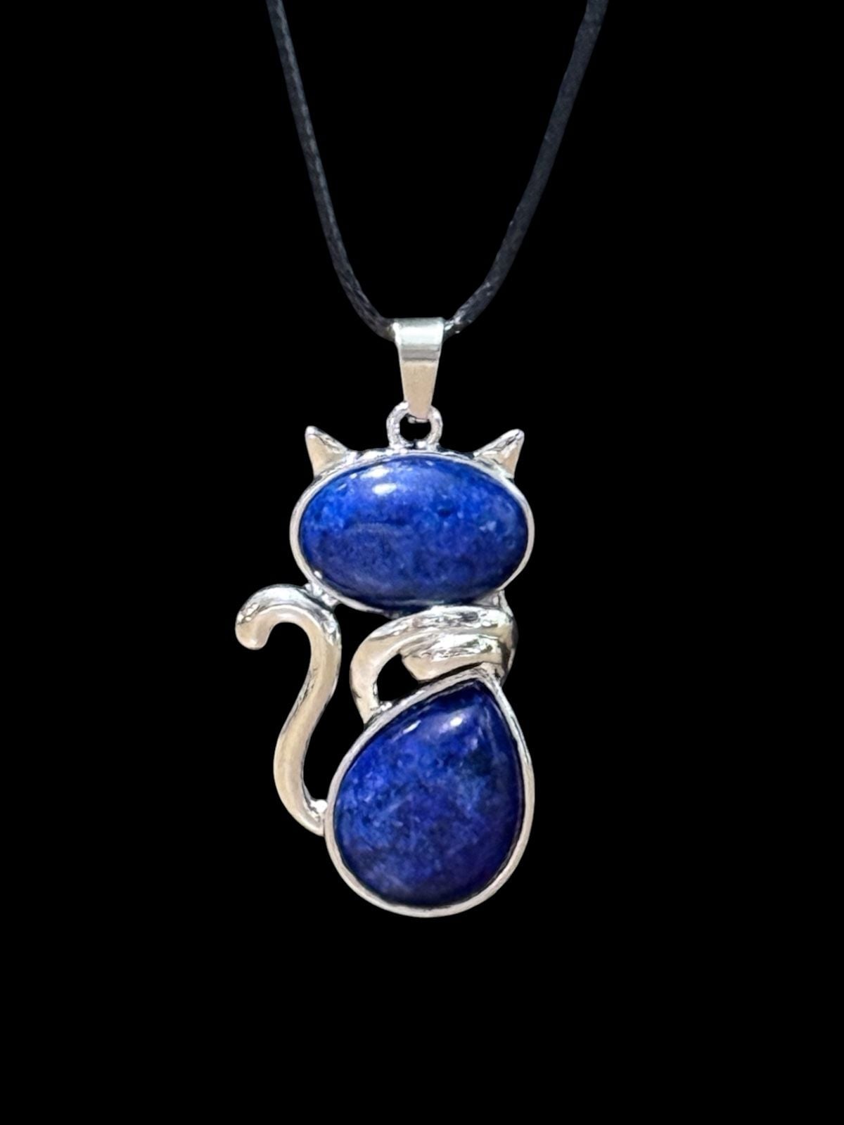 Lapis Lazuli Crystal Cat Pendant Black Cord Necklace 2