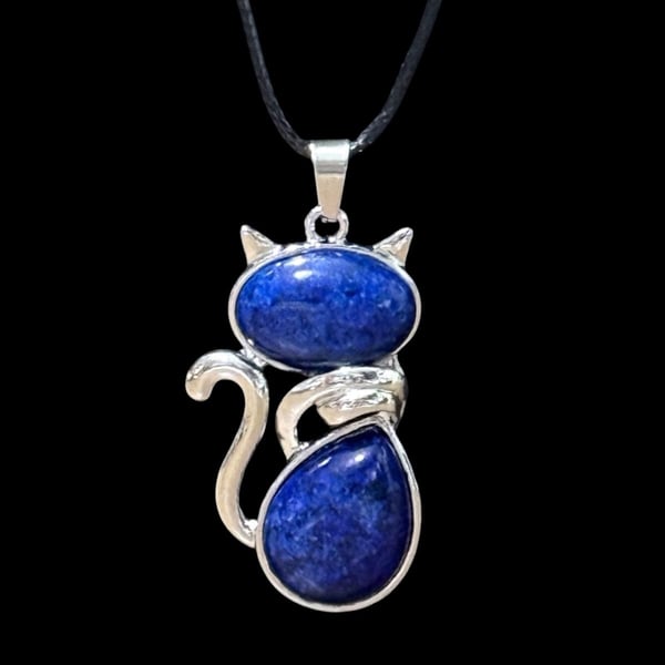 Lapis Lazuli Crystal Cat Pendant Black Cord Necklace