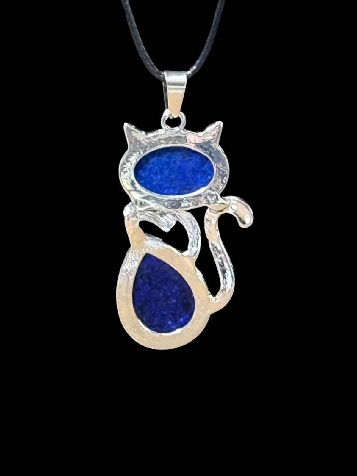 Lapis Lazuli Crystal Cat Pendant Black Cord Necklace 3
